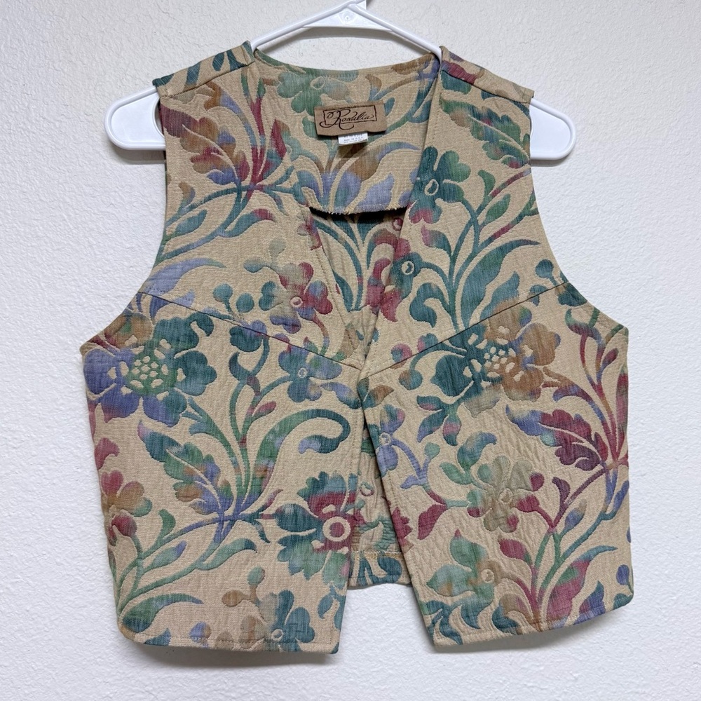 Rosalia Vintage Floral Quilted Cottagecore Western Open Front Vest Large